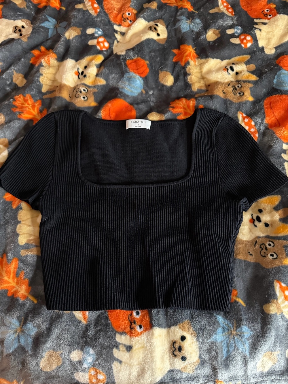Babaton Black Ribbed Square Neck Crop Tee